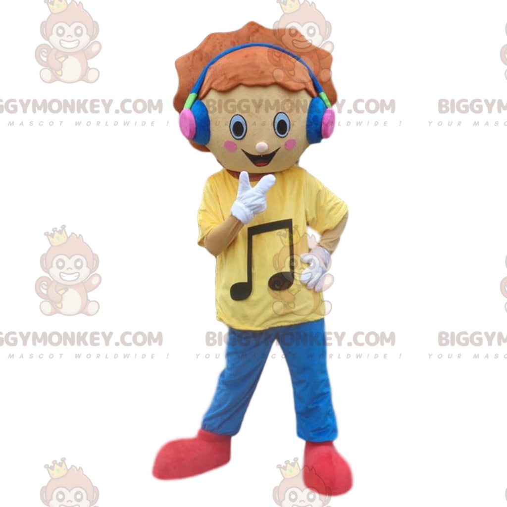 Young boy BIGGYMONKEYmascot costume with headphones. music costume