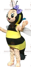 Bee BIGGYMONKEYMascot Costume with Purple Polka Dot Bow Tie
