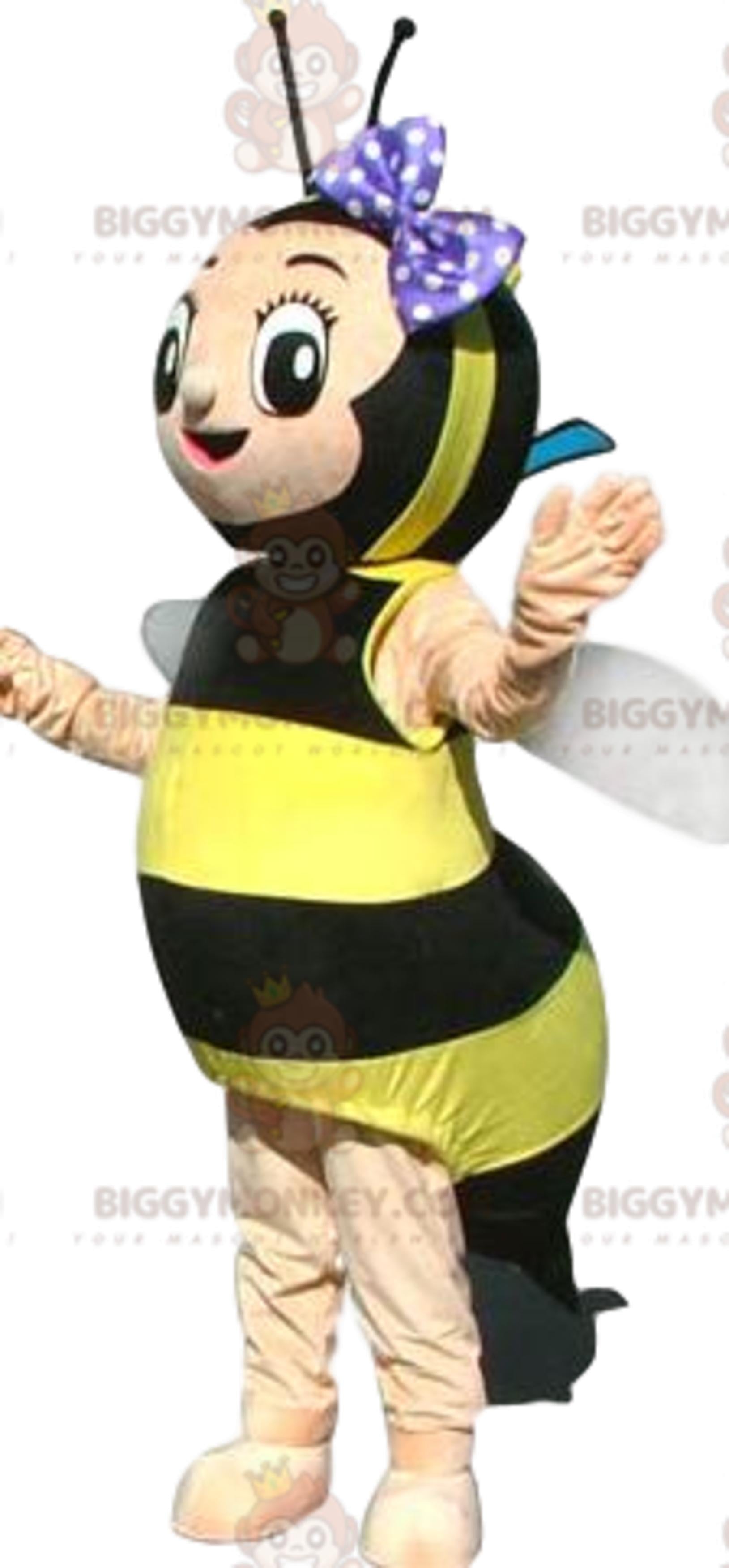Bee BIGGYMONKEYMascot Costume with Purple Polka Dot Bow Tie