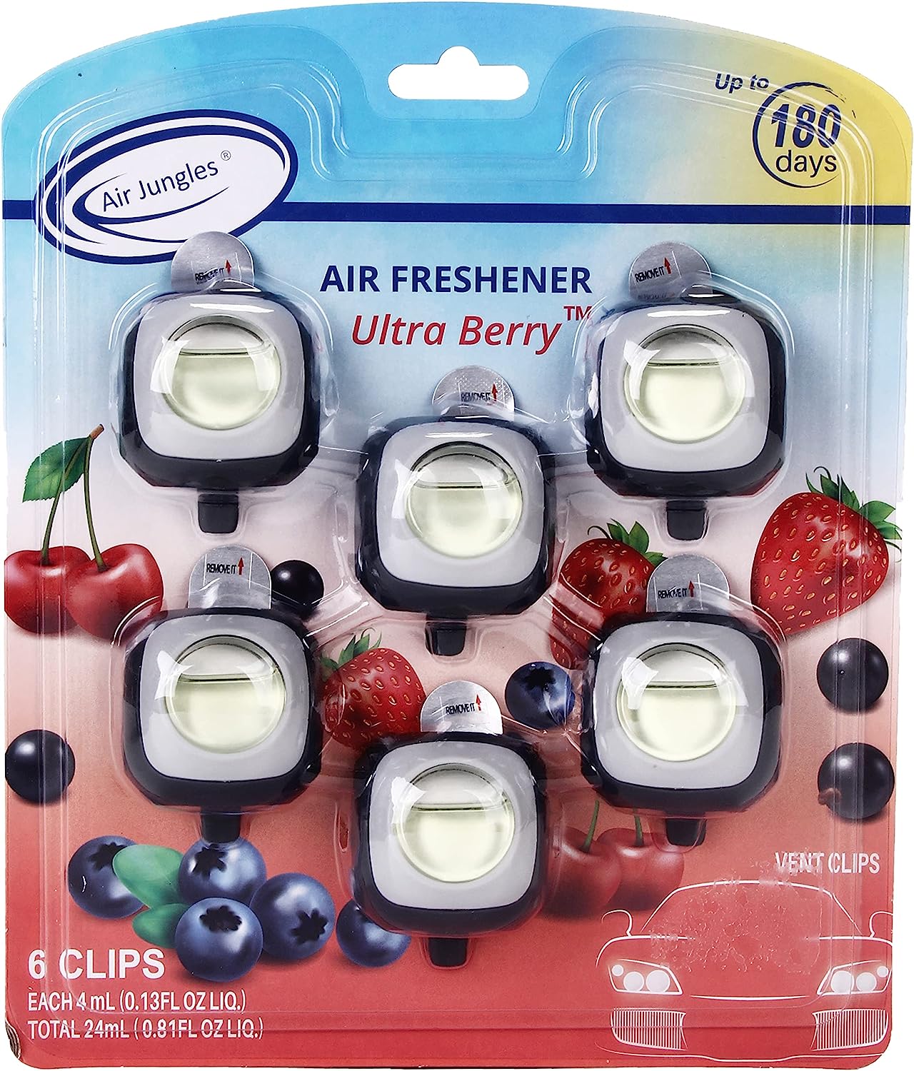 Air Jungles Ultra Berry Scent Car Air Freshener Clip, 6 Car Freshener Vent Clips, 4ml Each, Long Lasting Air Freshener for Car, Up to 180 Days Car Refresher Odor Eliminator