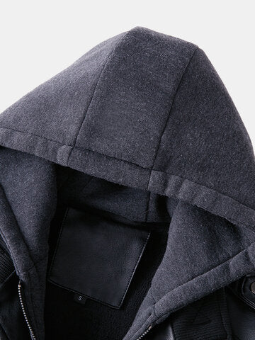 mens washed pu leather zip up pocket detachable hooded elastic hem thick jackets
