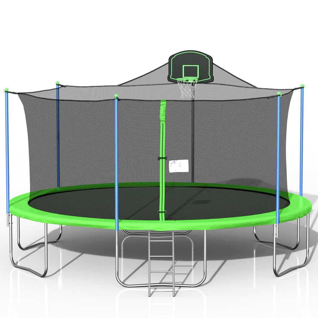 16ft 330lbs Load Trampolines With Ladder Enclosure Net And Basketball Hoop, for Kids And Adults Outdoor Recreational Trampoline, Green 192.1''x134.3''x170.5''
