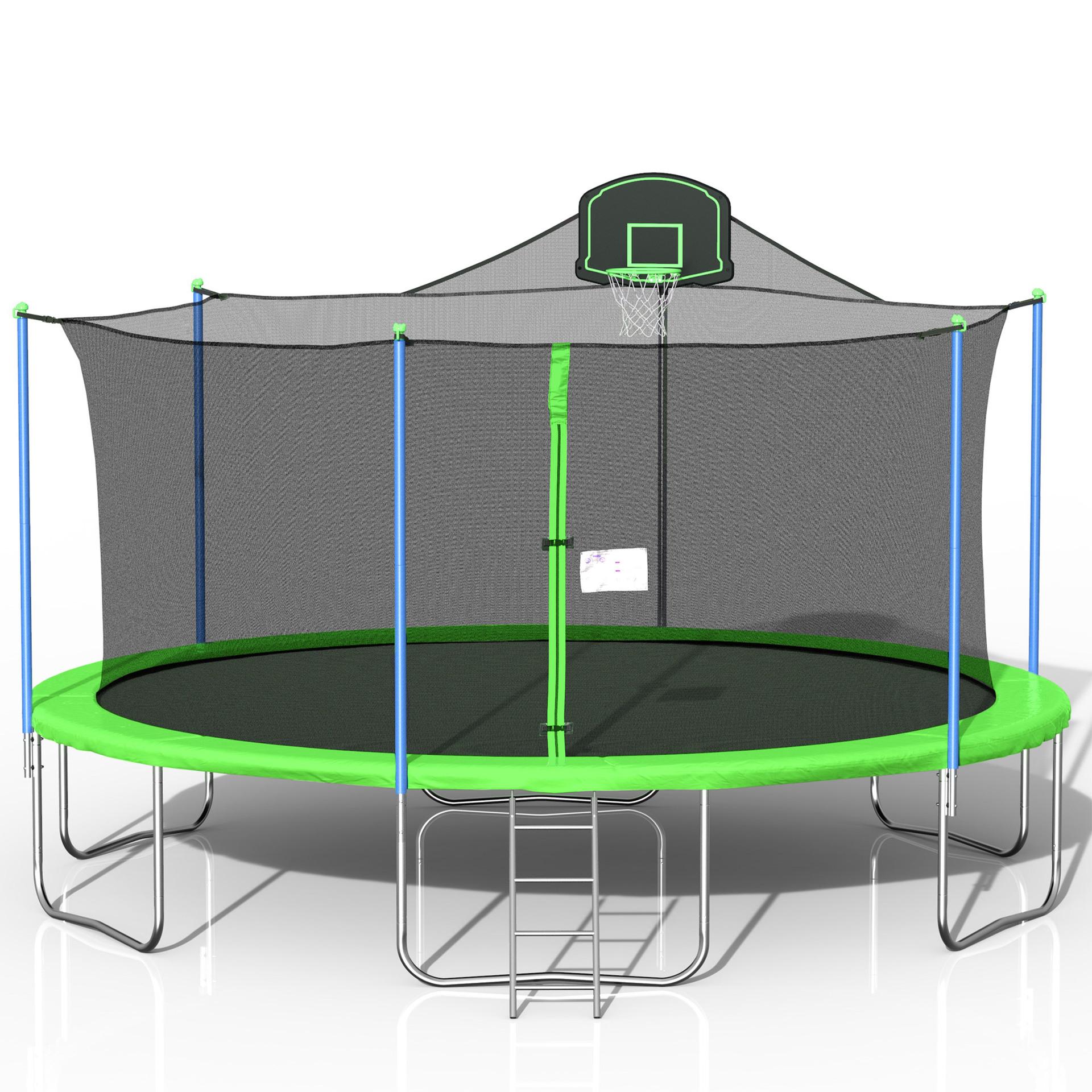 16ft 330lbs Load Trampolines With Ladder Enclosure Net And Basketball Hoop, for Kids And Adults Outdoor Recreational Trampoline, Green 192.1''x134.3''x170.5''