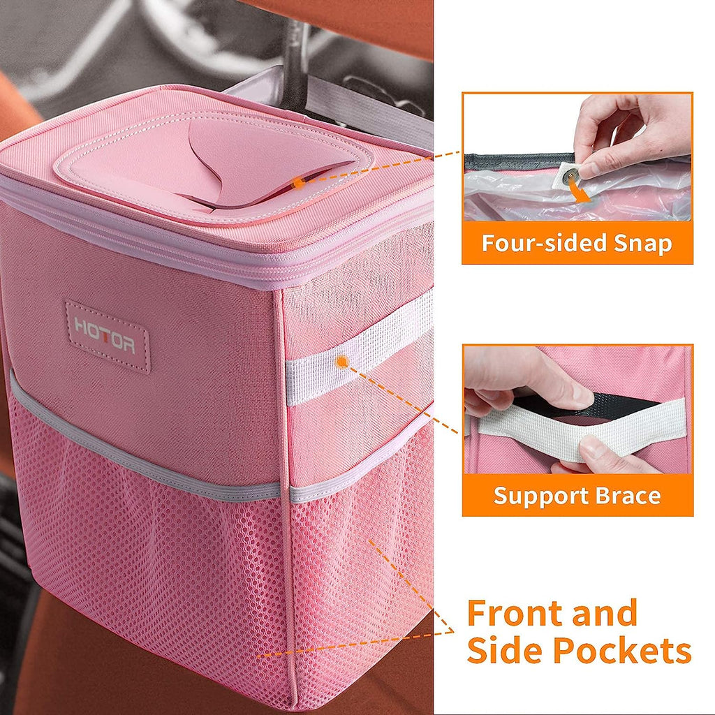 HOTOR Car Trash Can with Lid and Storage Pockets, 100% Leak-Proof Car Organizer, Waterproof Car Garbage Can, Multipurpose Trash Bin for Car - Pink