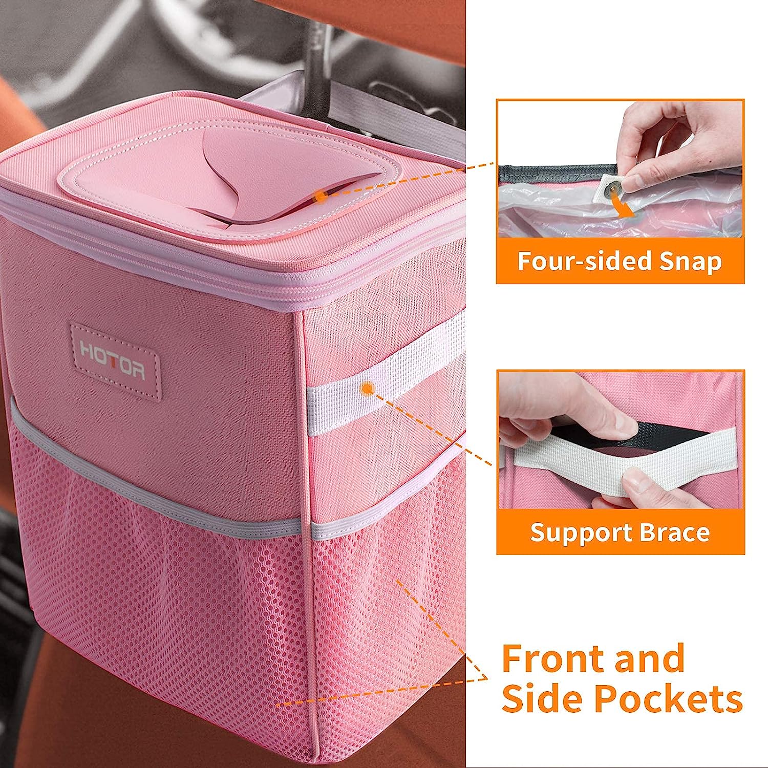 HOTOR Car Trash Can with Lid and Storage Pockets, 100% Leak-Proof Car Organizer, Waterproof Car Garbage Can, Multipurpose Trash Bin for Car - Pink