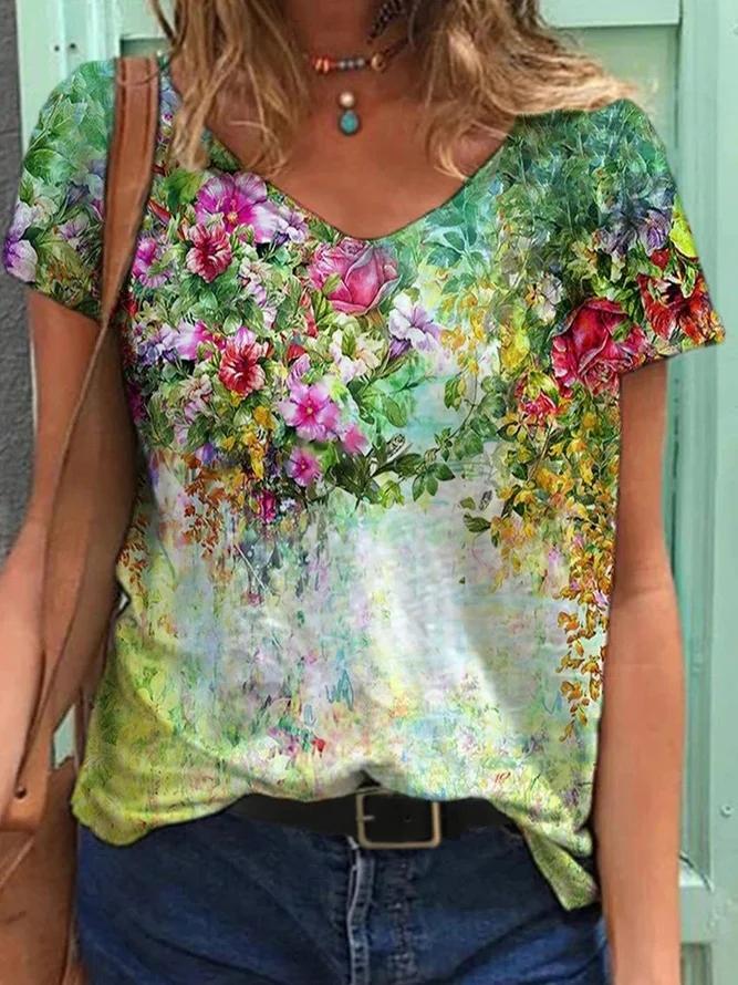 Colorful Flower Painting Short Sleeve Shirts Tops