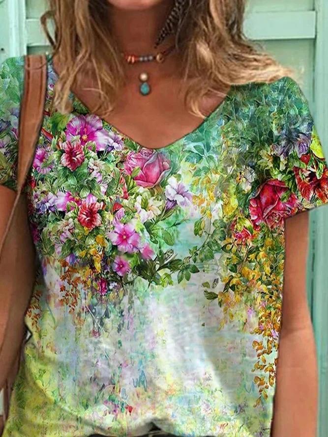 Colorful Flower Painting Short Sleeve Shirts Tops