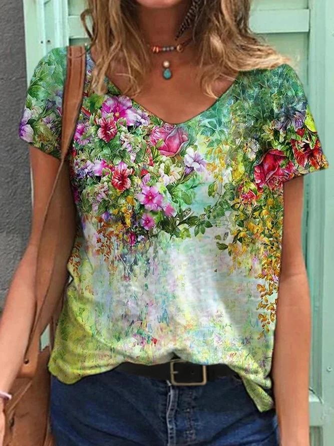 Colorful Flower Painting Short Sleeve Shirts Tops