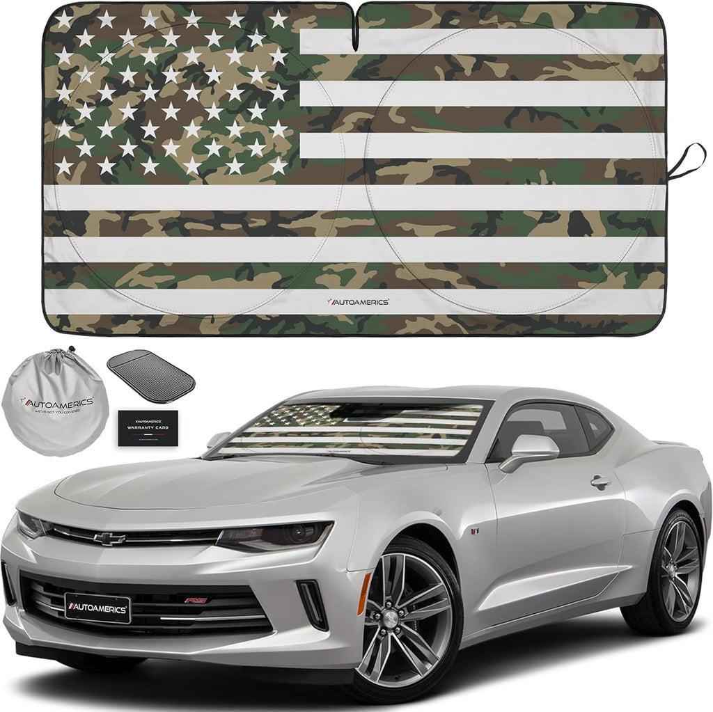 Autoamerics 1-Piece Windshield Sun Shade ERDL Camo American Flag USA  - Foldable Car Front Window Sunshade for Most Sedans SUV Truck - Blocks Max UV Rays and Keeps Your Vehicle Cool - Small