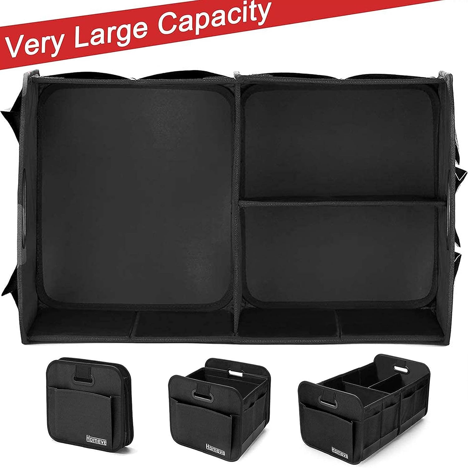 Homeve Car Trunk Organizer, Car Storage, Reinforced Handles, Collapsible Multi-Compartment Car Organizers, Foldable and Waterproof, 600D Oxford Polyester, Suitable for Any Car, SUV, Mini-Van, Black