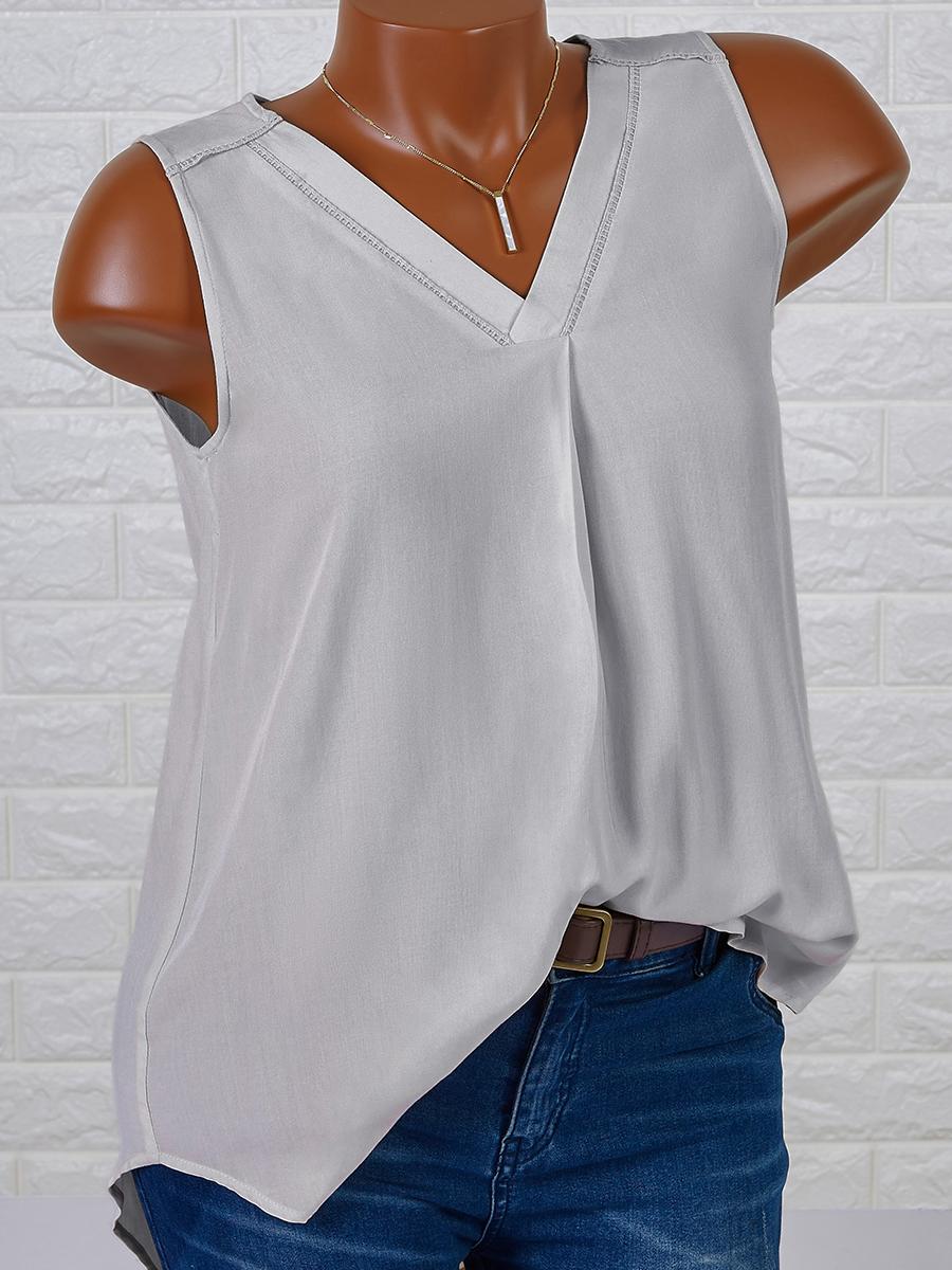 Womens Solid Color V-neck Sleeveless Shirt