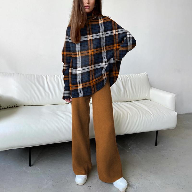 Women's Fashion Scottish Check Print Drop Shoulder Suit