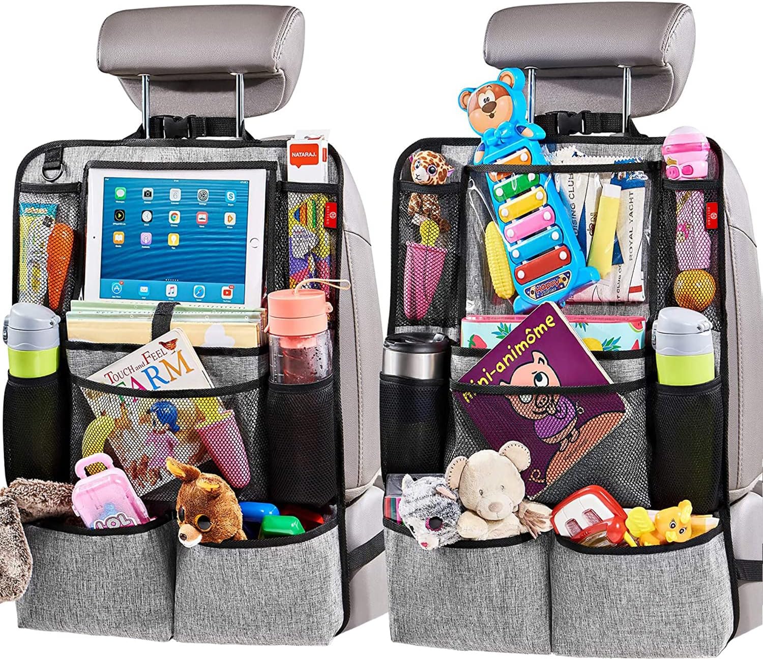 Helteko Backseat Car Organizer, Kick Mats Back Seat Protector with Touch Screen Tablet Holder, Car Back Seat Organizer for Kids, Car Travel Accessories, Kick Mat with 9 Storage Pockets 2 Pack, Gray