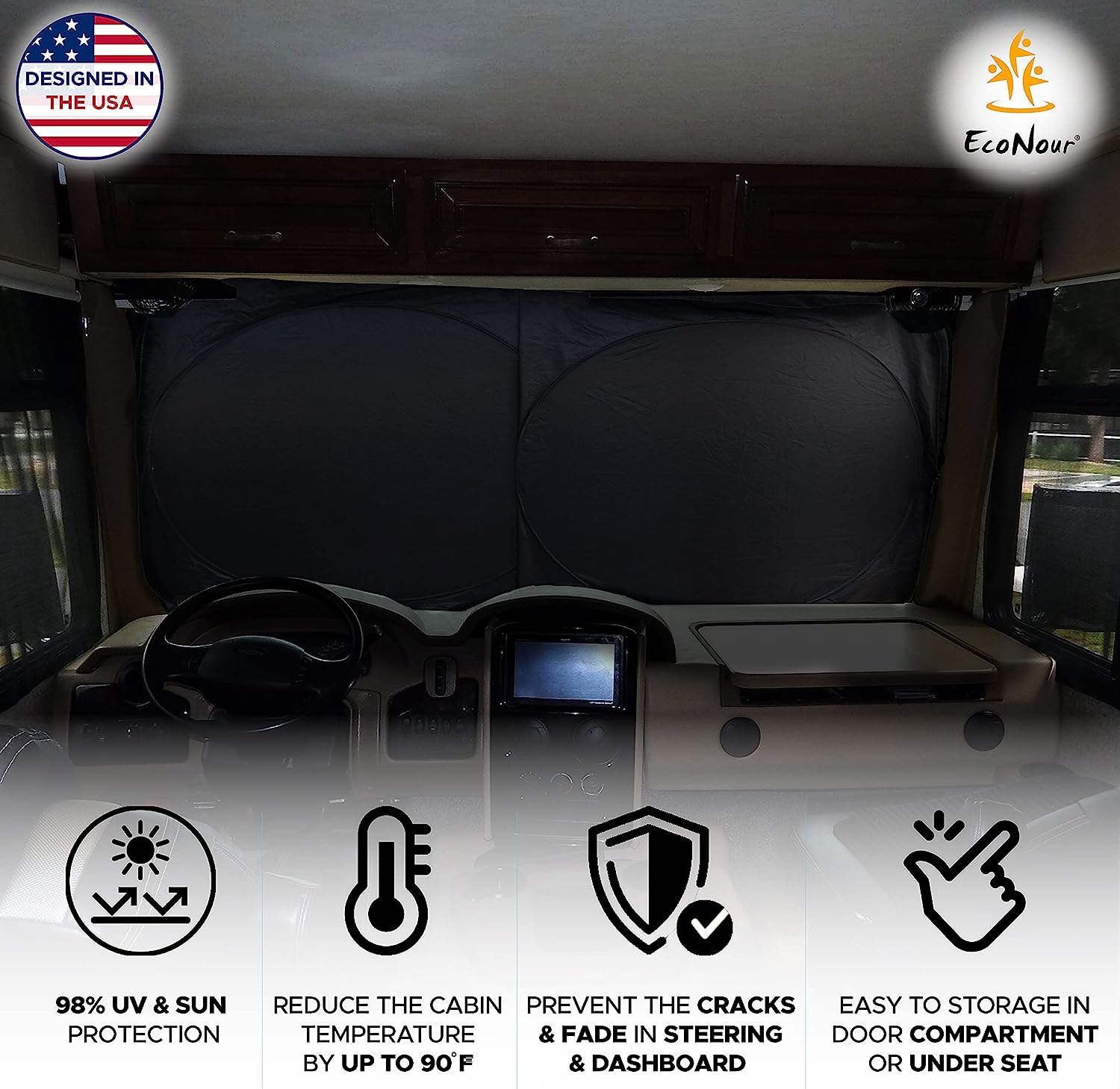 EcoNour RV Windshield Sunshade | Reflective RV Windshield Cover for UV Rays &amp; Heat Protection, Keeps Your RV Motorhome Cool | Shades for RV Fits RVs, Trucks, Motorhomes, Buses