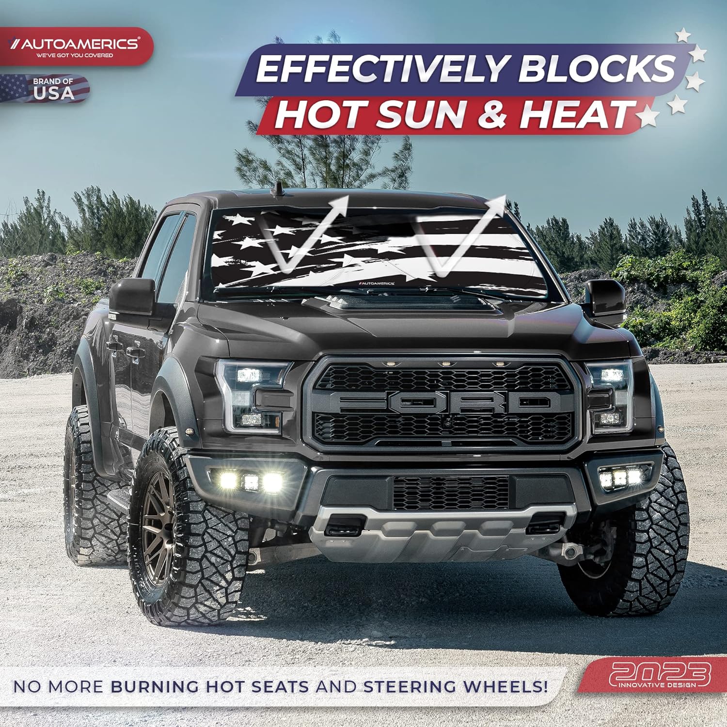 Autoamerics 1-Piece Windshield Sun Shade B&amp;W Art American Flag USA  - Foldable Car Front Window Sunshade for Most Sedans SUV Truck - Blocks Max UV Rays and Keeps Your Vehicle Cool - X-Large