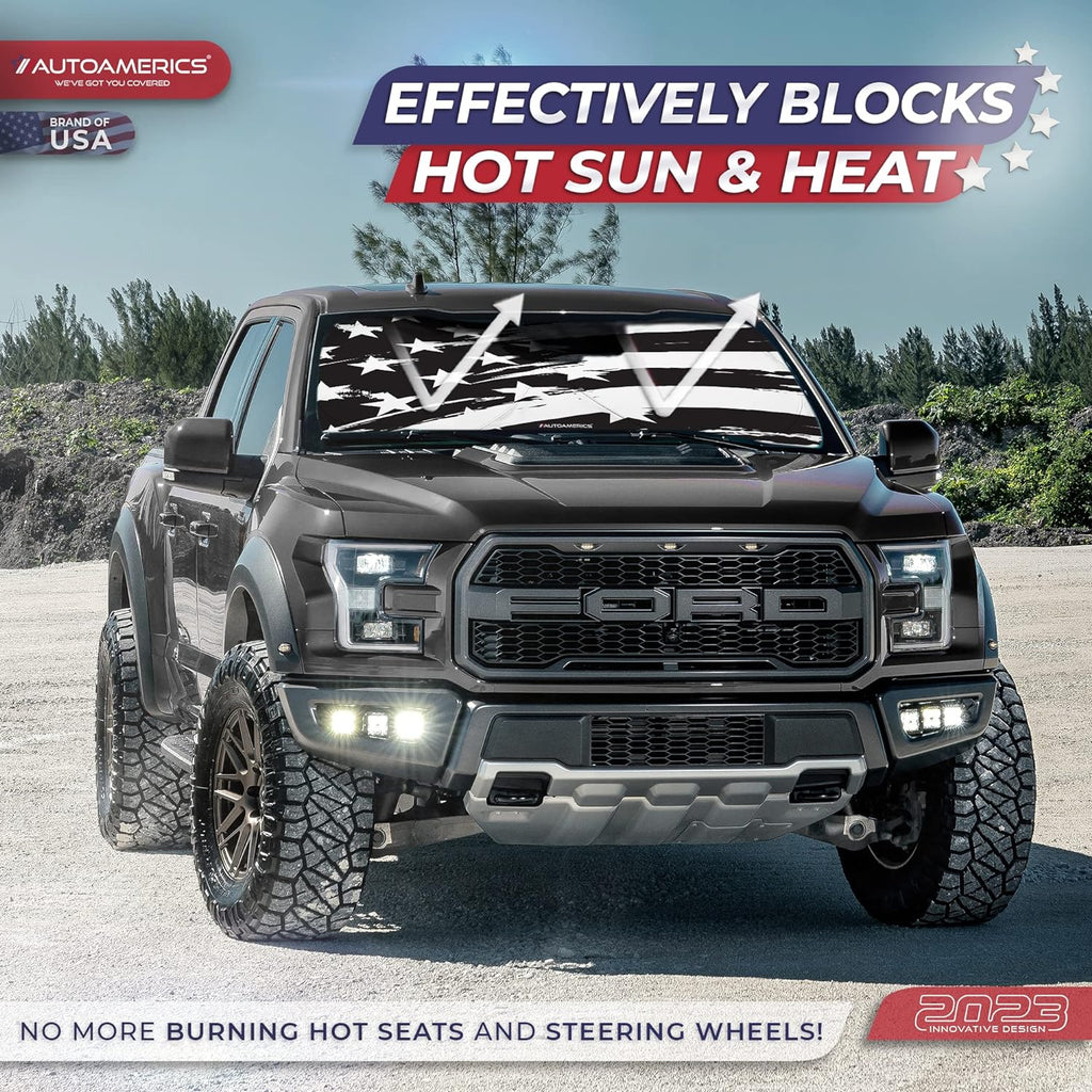 Autoamerics 1-Piece Windshield Sun Shade B&amp;W Art American Flag USA  - Foldable Car Front Window Sunshade for Most Sedans SUV Truck - Blocks Max UV Rays and Keeps Your Vehicle Cool - Large