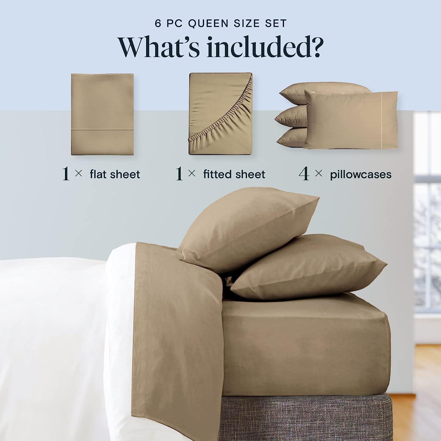 LuxClub 6 PC King Size Sheet Set Bamboo Sheets Deep Pockets 18" Eco Friendly Wrinkle Free Cooling Sheets Machine Washable Hotel Bedding Silky Soft - Taupe King