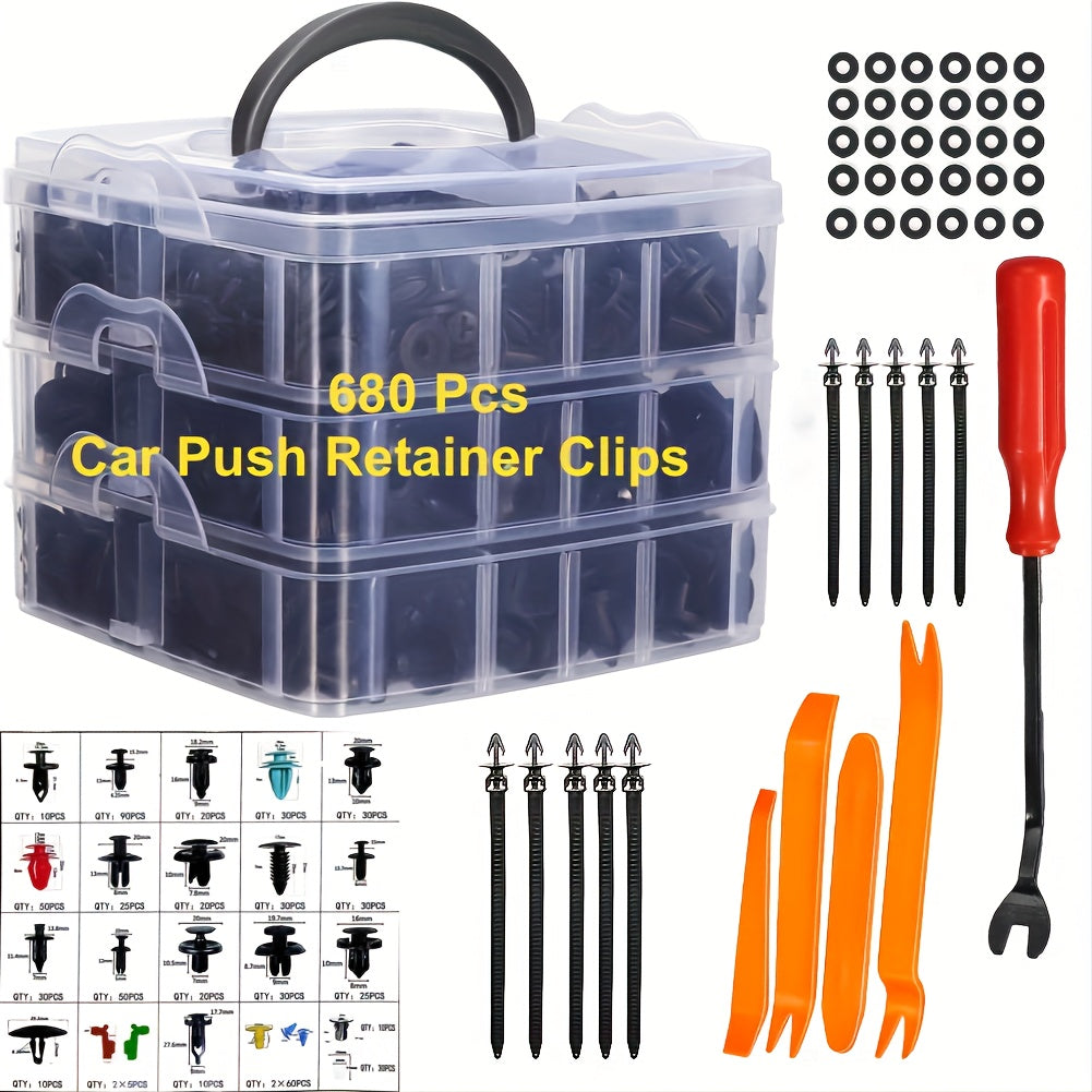 680 Pcs Car Push Retainer Clips Kit - Plastic Door Panel Fasteners, Fender Bumper Clips &amp; Most Popular Sizes Auto Push Pin