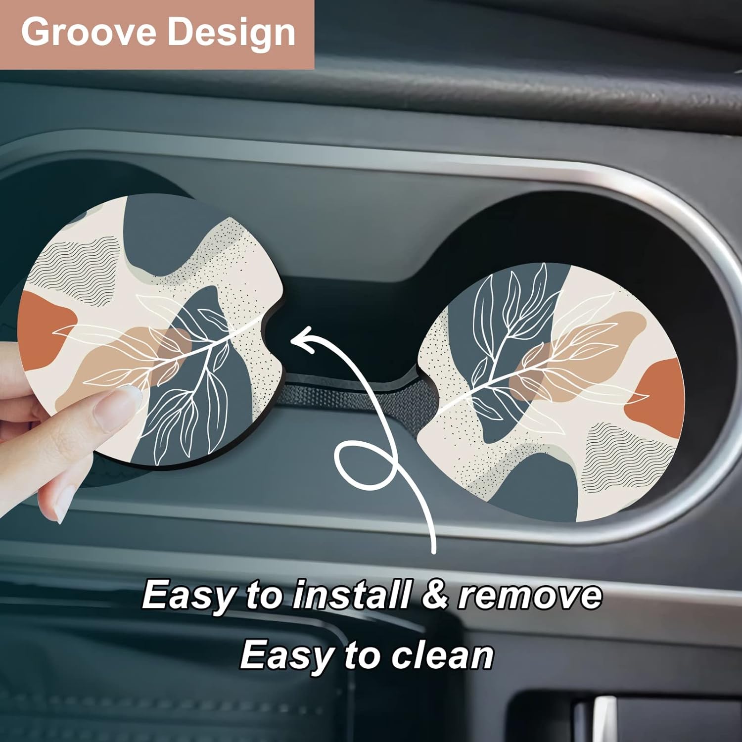 Oppsviust Car Cup Holder Coaster, Car Coasters for Cup Holders, 2PCS Universal Anti Slip Car Assecories, 2.75in Cute Car Coaster with A Finger Notch, Rubber Car Cup Mat for Women Wen(Abstract Leaf 01)