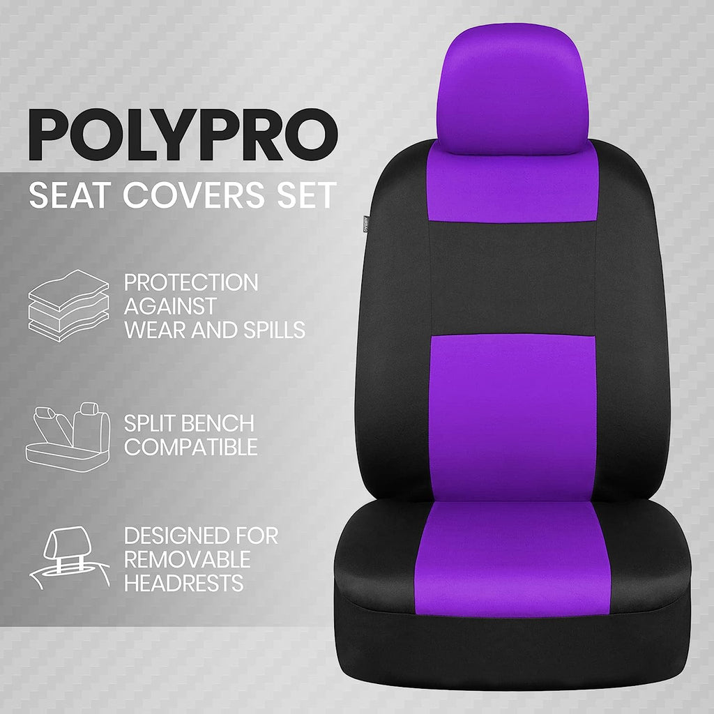 BDK PolyPro Car Seat Covers Full Set in Purple on Black – Front and Rear Split Bench Seat Covers for Cars, Easy to Install Car Seat Cover Set, Car Accessories for Auto Trucks Van SUV