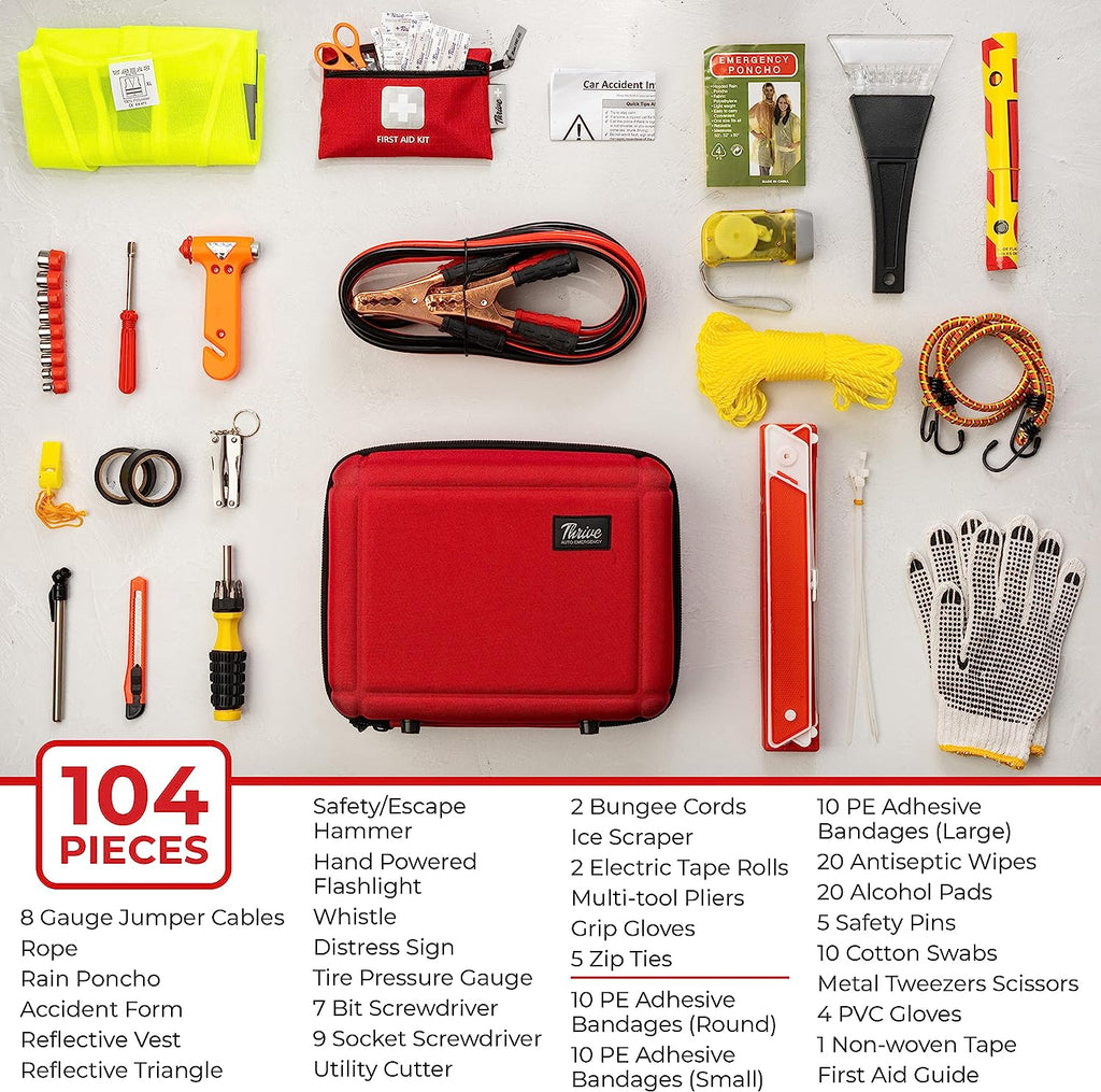 Thrive Roadside Emergency Car Kit - Car Safety Accessories and Tool Kit with Jumper Cables and Mini First Aid Kit - Car Emergency Kit for Women and Men (Red Shell Case)
