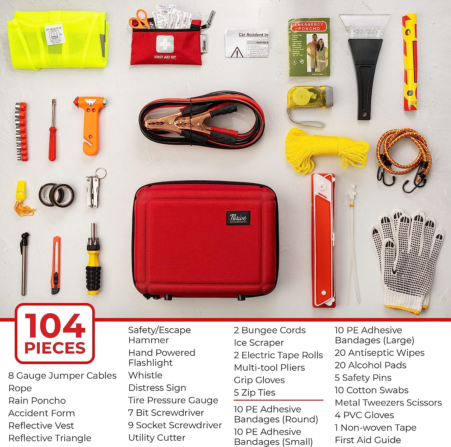 Thrive Roadside Emergency Car Kit - Car Safety Accessories and Tool Kit with Jumper Cables and Mini First Aid Kit - Car Emergency Kit for Women and Men (Red Shell Case)