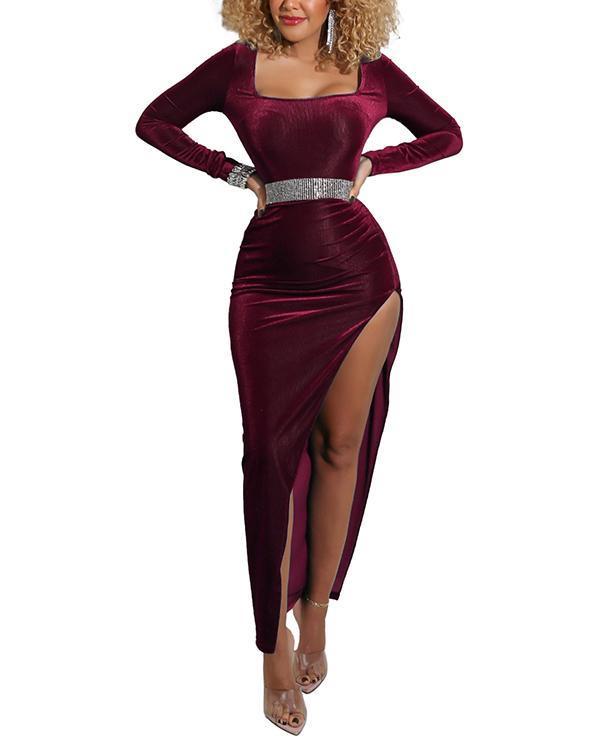 women  square neck high slit gold velvet dress s-xxl