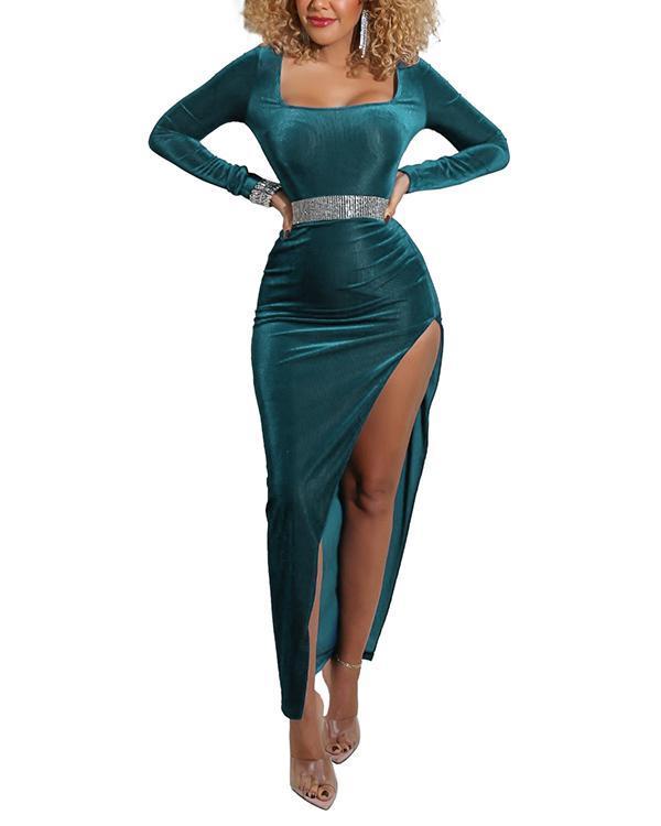 women  square neck high slit gold velvet dress s-xxl