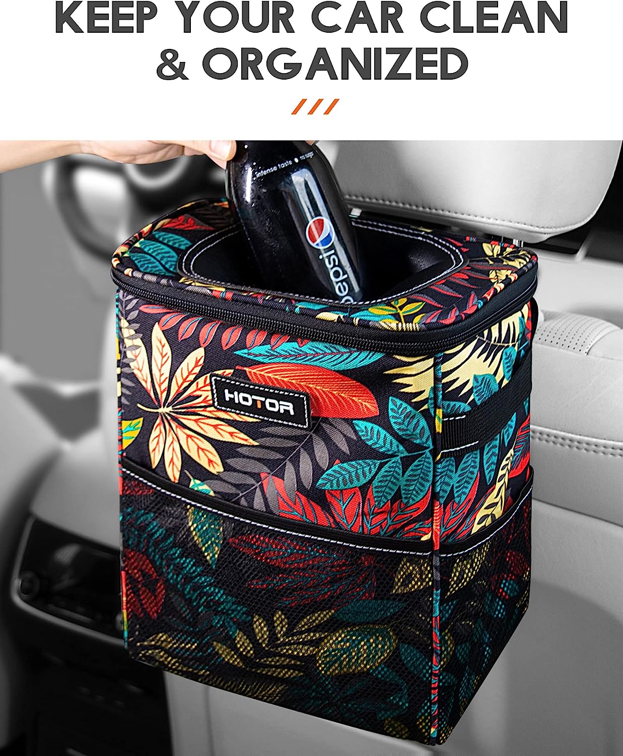 HOTOR Car Trash Can, Multifunctional &amp; Fashionable Car Accessory for Interior Use, Waterproof &amp; Leakproof Car Organizer and Storage Bag with Adjustable Straps, Magnetic Buckles (Colorful Leaves)