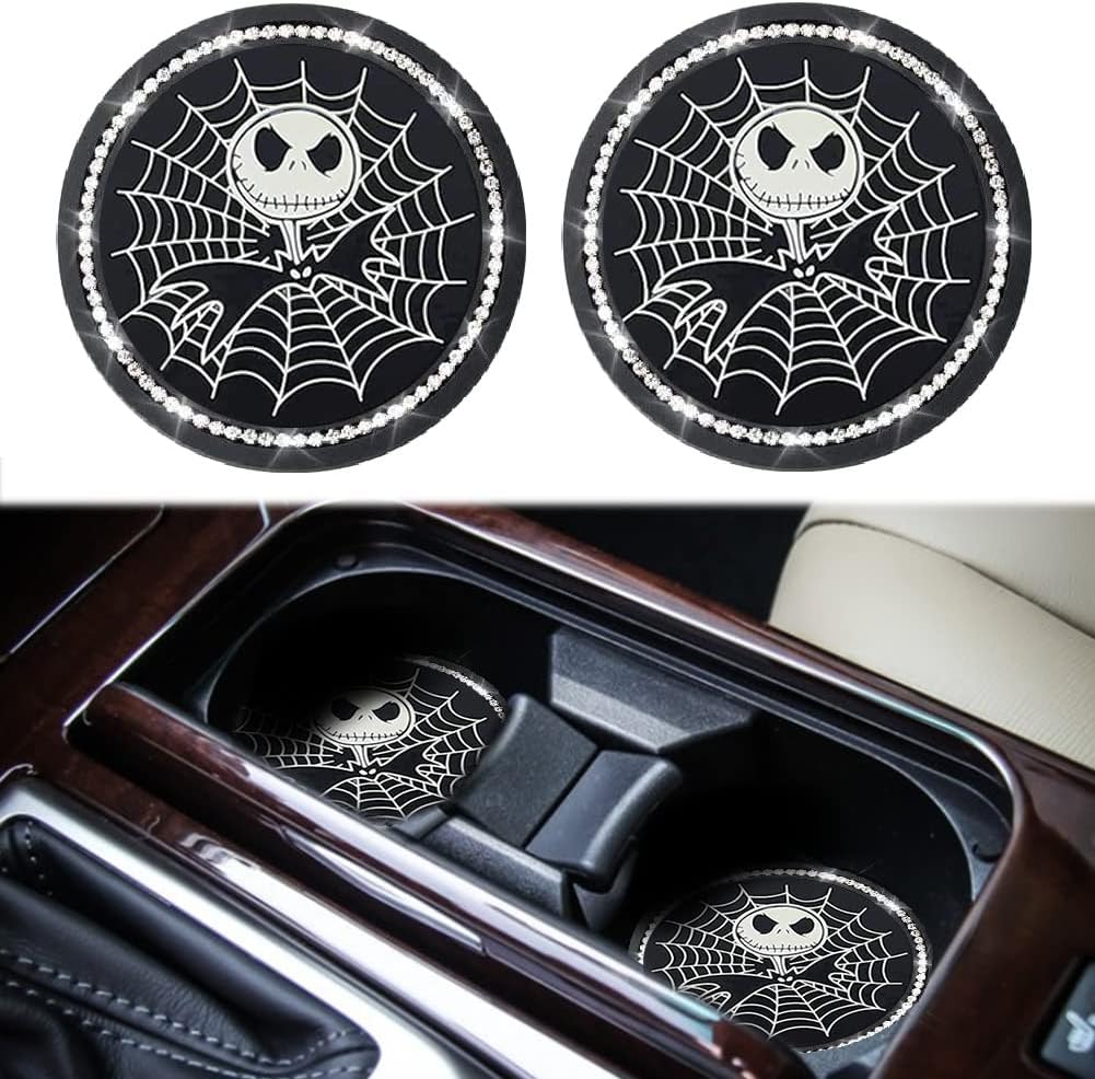 2PCS Nightmare Before Christmas Jack Skellington Car Cup Holders Coasters,Black Silicone Anti-Slip Car Coasters,2.75 Inch