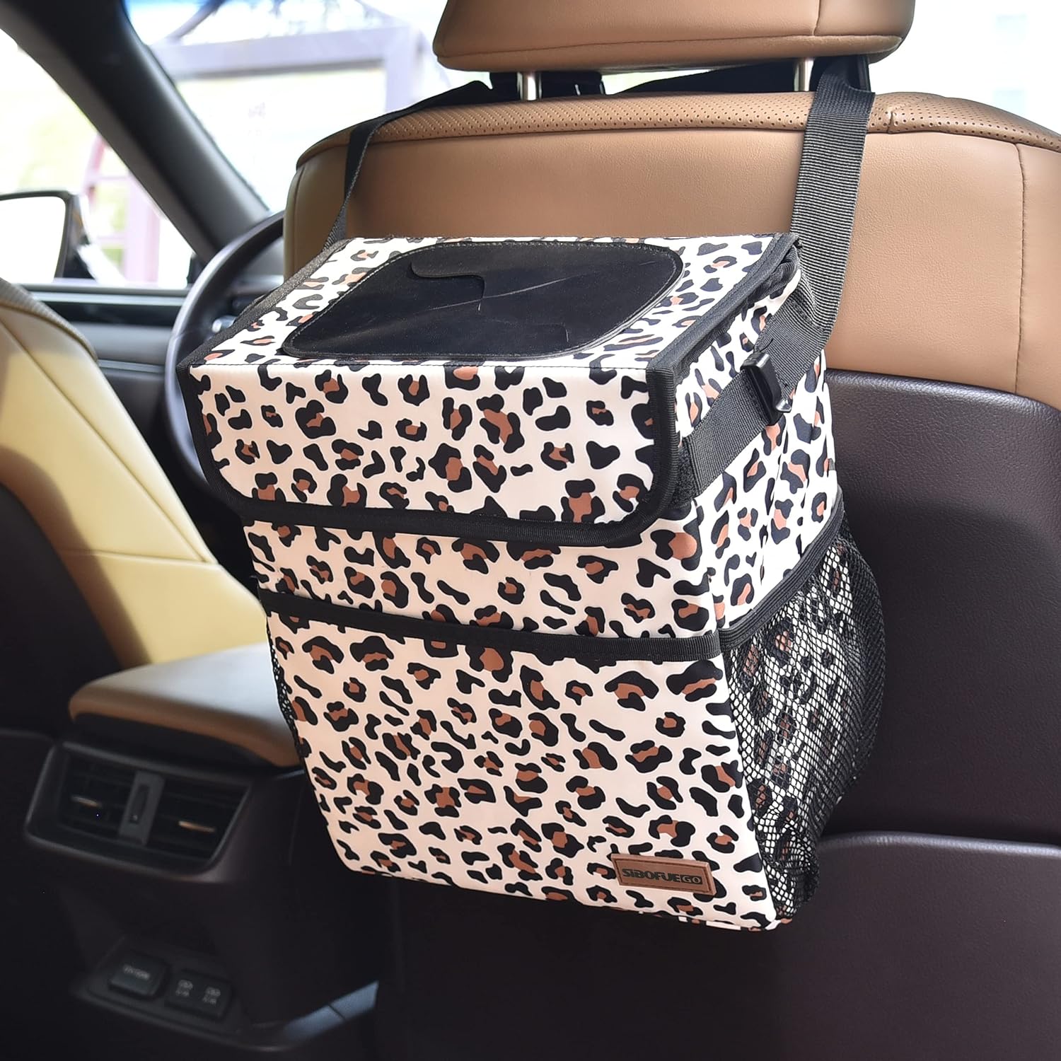 SIBOFUEGO Cute Car Trash Can with Lid - Leak Proof Car Trash Bag Hanging Waterproof Car Garbage Can with Storage Pockets Multipurpose Collapsible Car Organizer (Leopard Print)