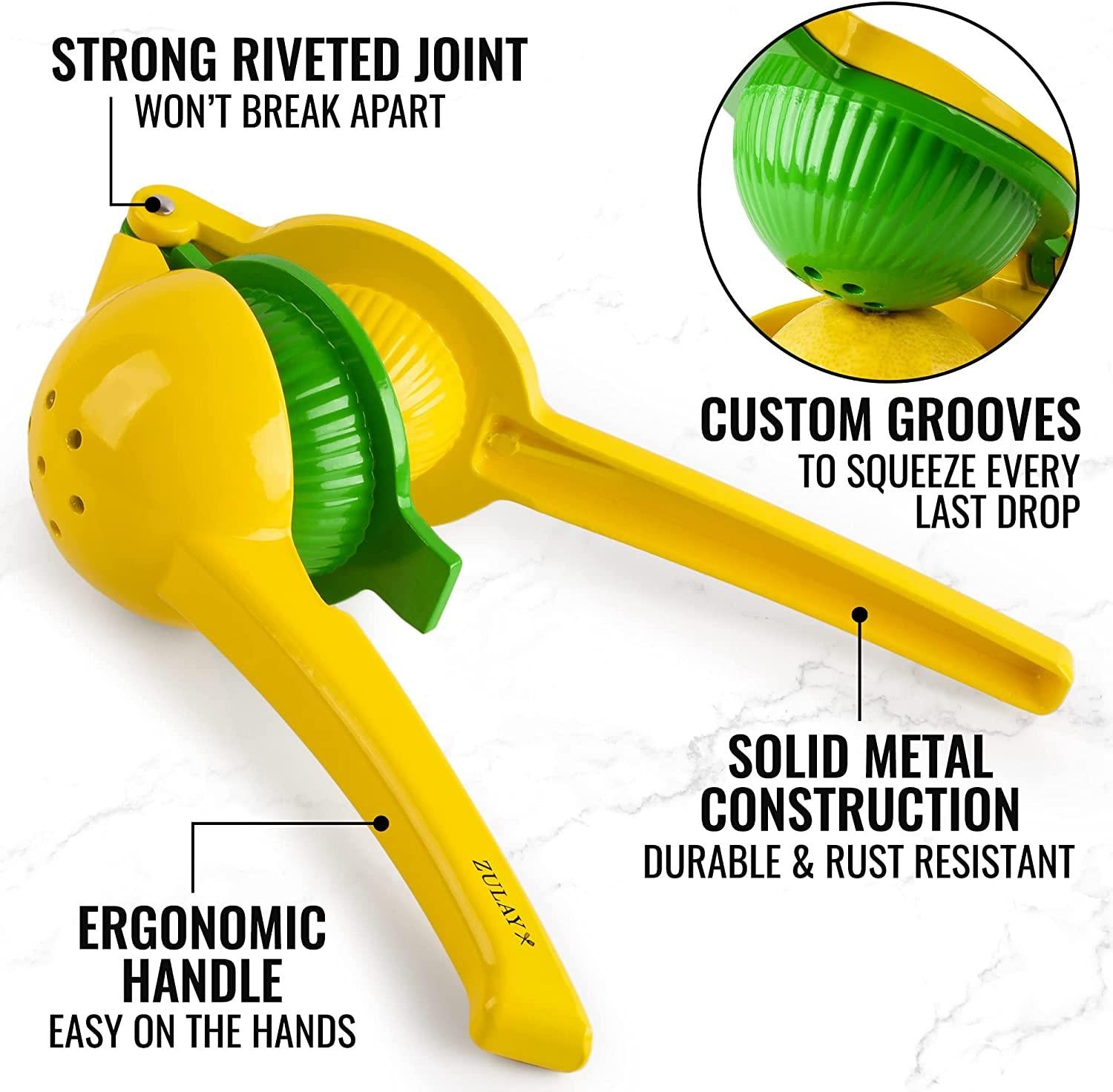 Zulay Metal 2-In-1 Lemon Lime Squeezer - Hand Juicer Lemon Squeezer - Max Extraction Manual Citrus Juicer