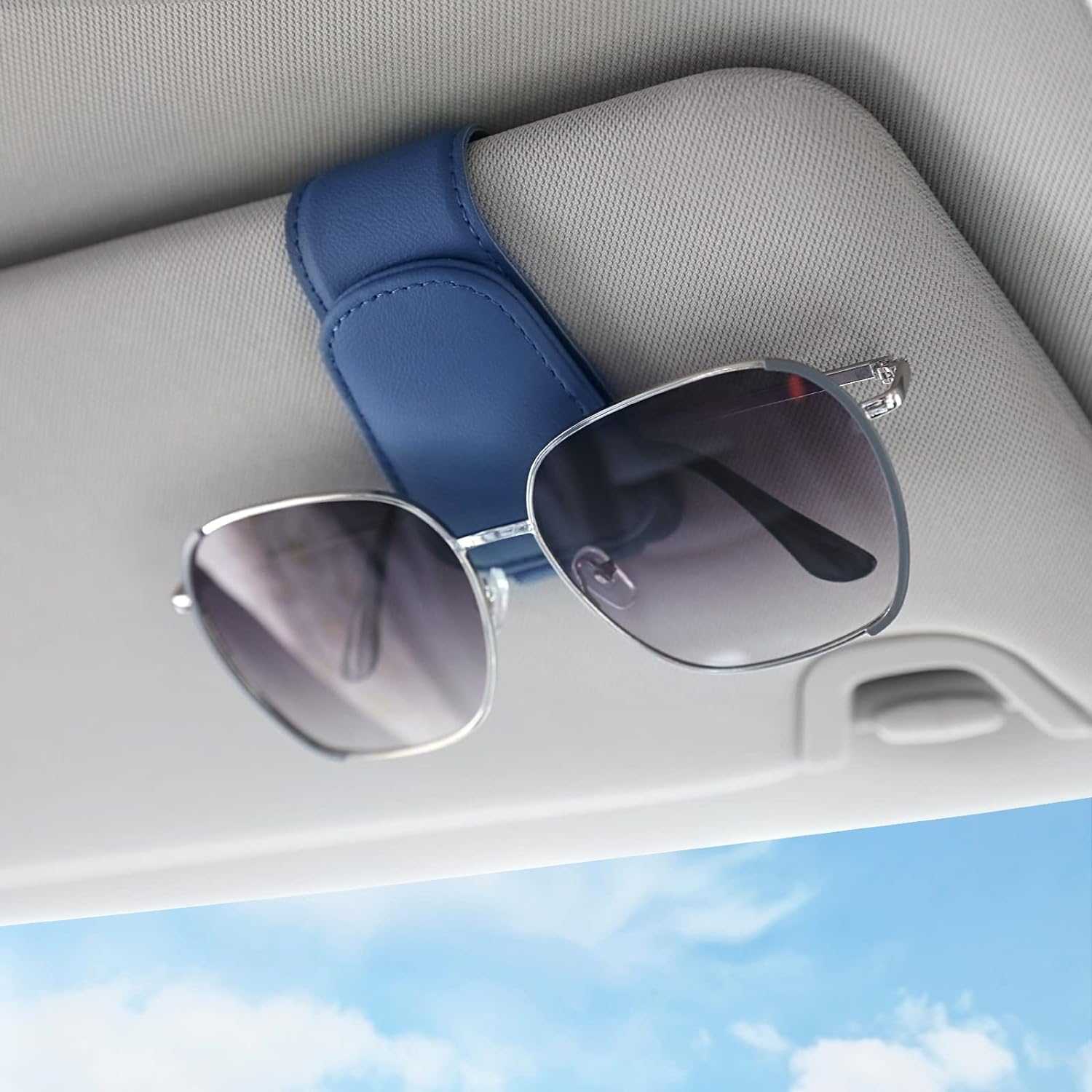 KanSmart Sunglass Holder for Car Visor Sunglasses Clip Magnetic Leather Glasses Eyeglass Holder Truck Car Interior Accessories Universal for Woman Man -Blue