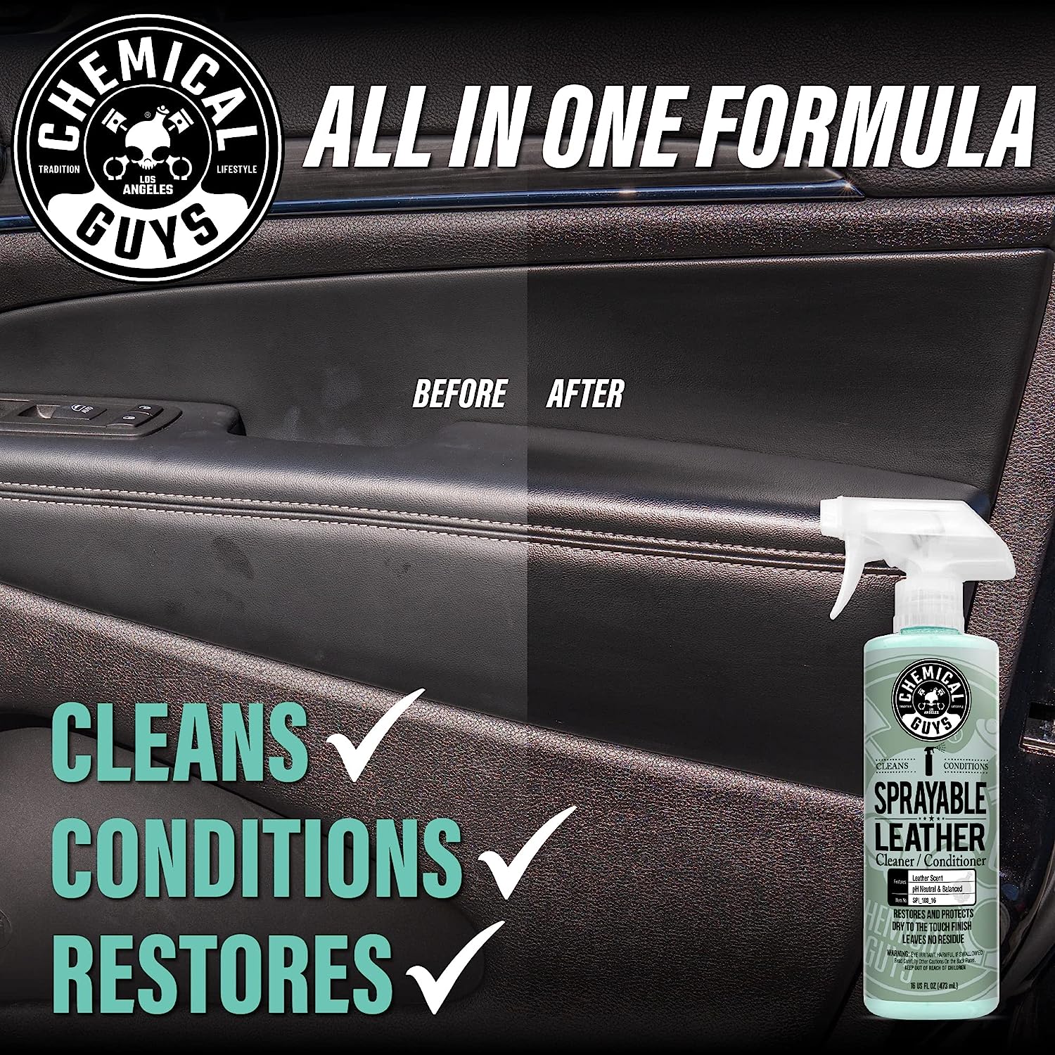 Chemical Guys SPI22016 Total Interior Cleaner and Protectant, 16 fl oz &amp; SPI_103_16 Sprayable Leather Cleaner and Conditioner in One for Car Interiors, Apparel, and More Leather Scent, 16 fl oz