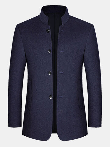 mens pure color stand collar single breasted warm woolen overcoats
