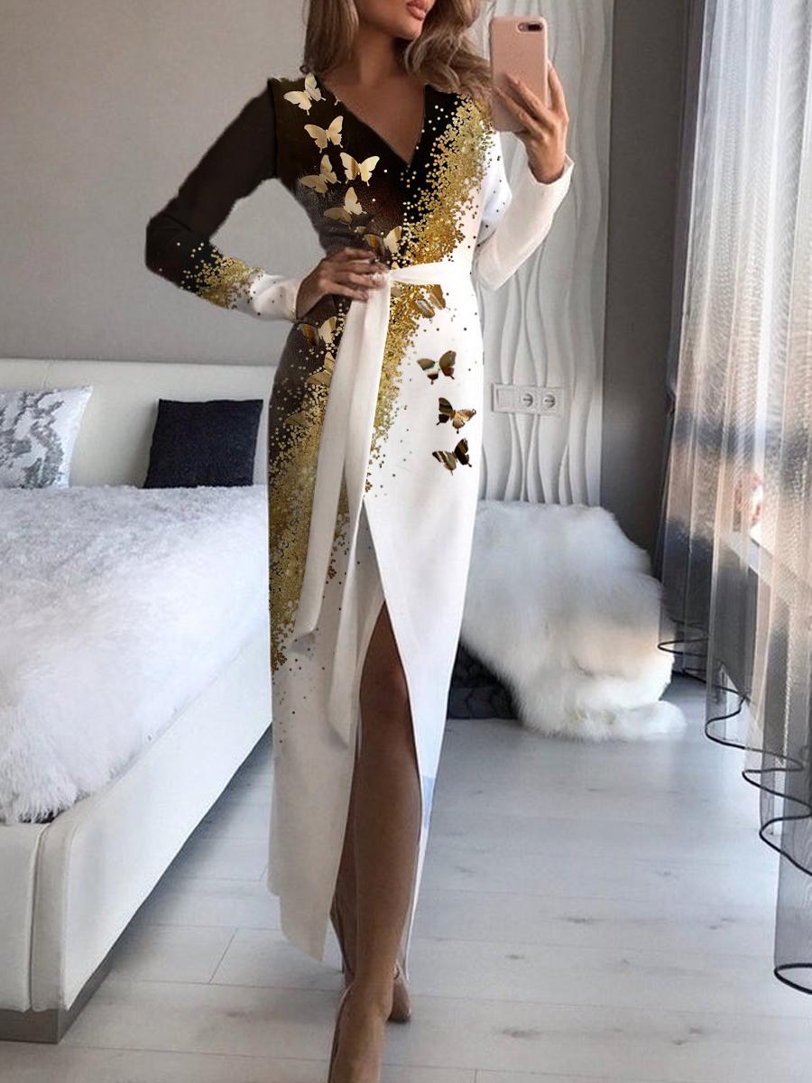 Fashion Butterfly Print V-neck Wraped Dress Women