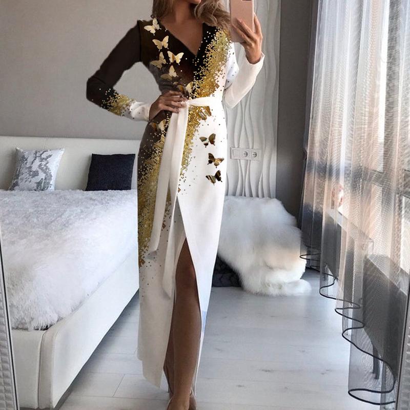 Fashion Butterfly Print V-neck Wraped Dress Women