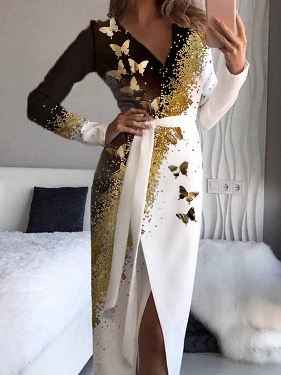 Fashion Butterfly Print V-neck Wraped Dress Women