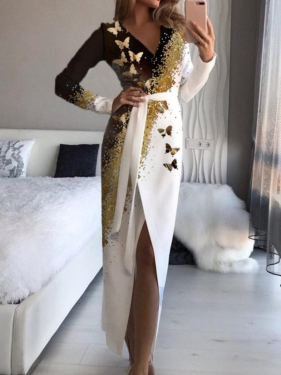 Fashion Butterfly Print V-neck Wraped Dress Women