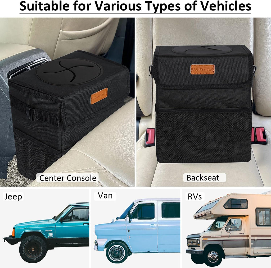 ELONGRIVER Car Trash Can Bin for Car Back Seat Leak Proof, Cute Car Trash Bag Hanging, Vehicle Trash Can for SUV Truck Van, Automotive Car Garbage Cans Front Seat Black