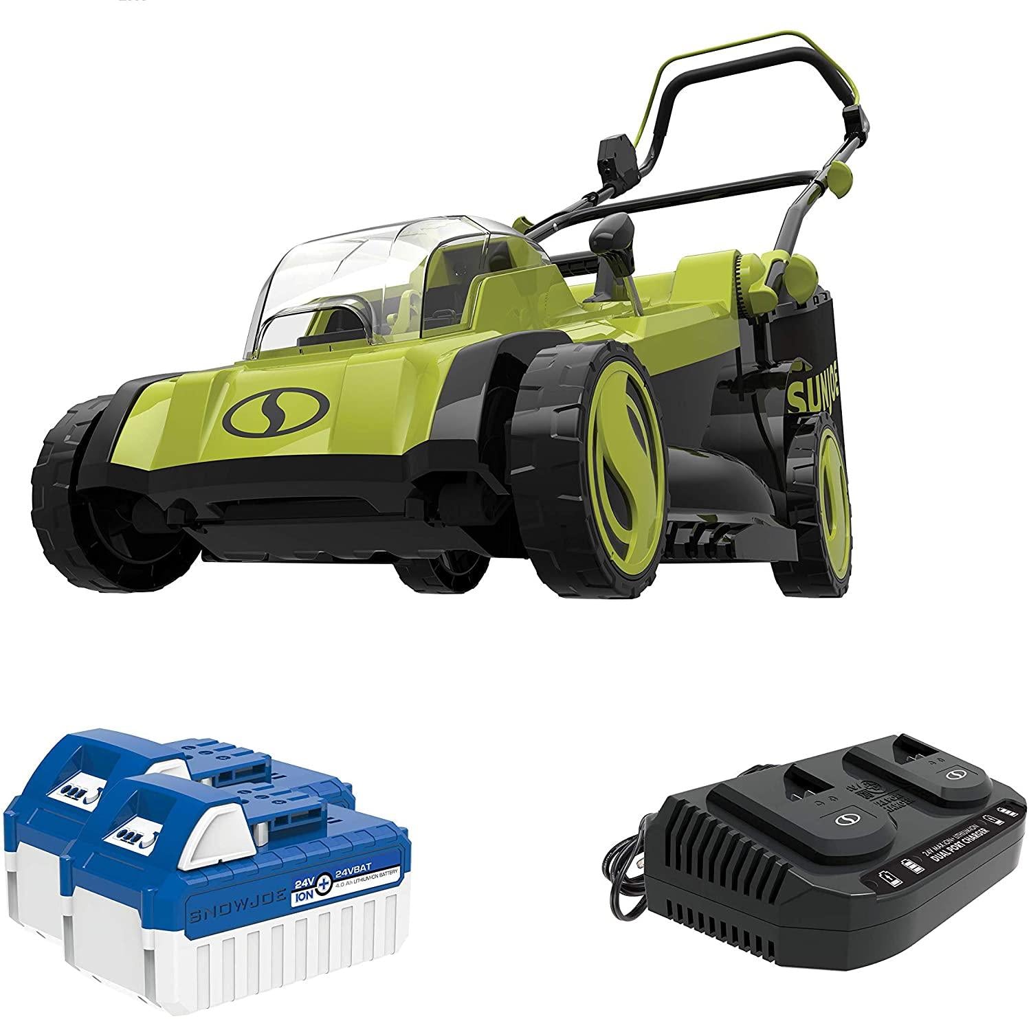 Sun Joe 24V-X2-17LM 48-Volt 17-Inch Mulching Walk-Behind Lawn Mower w/11-Gallon Grass Catcher & 6-Position Height Adjustment, Included, Cordless, Kit (w/ 2X 4.0-Ah Battery and Charger)