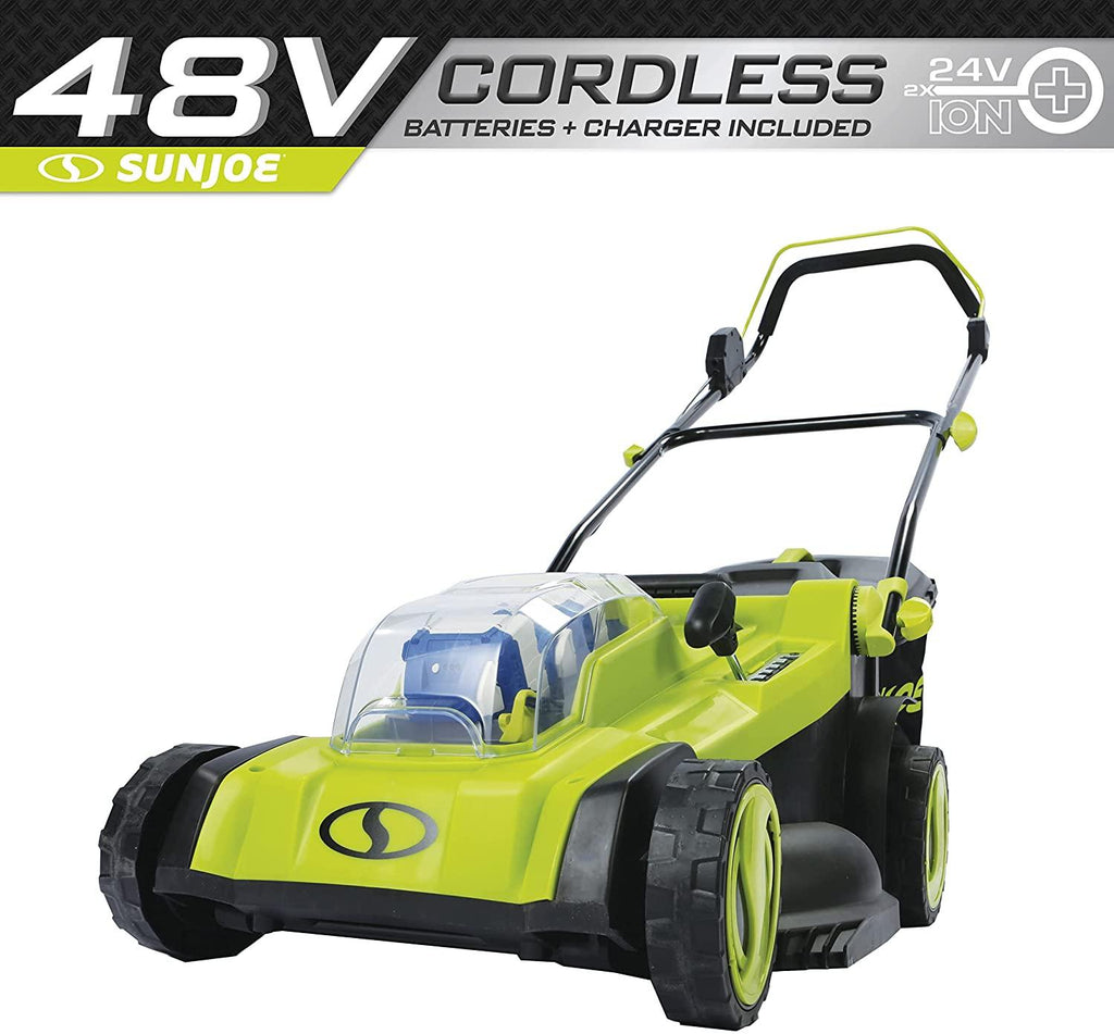 Sun Joe 24V-X2-17LM 48-Volt 17-Inch Mulching Walk-Behind Lawn Mower w/11-Gallon Grass Catcher & 6-Position Height Adjustment, Included, Cordless, Kit (w/ 2X 4.0-Ah Battery and Charger)