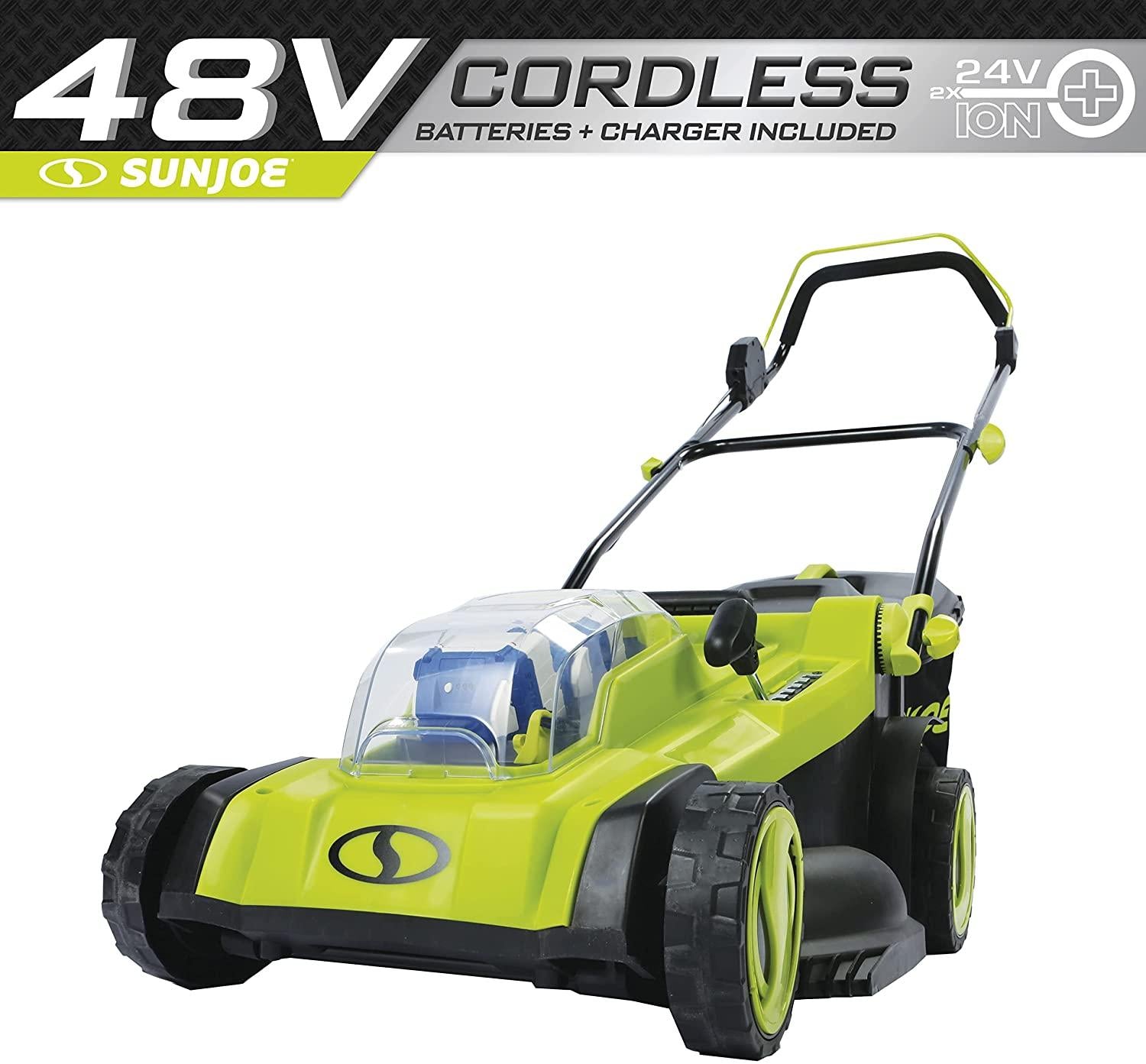 Sun Joe 24V-X2-17LM 48-Volt 17-Inch Mulching Walk-Behind Lawn Mower w/11-Gallon Grass Catcher & 6-Position Height Adjustment, Included, Cordless, Kit (w/ 2X 4.0-Ah Battery and Charger)