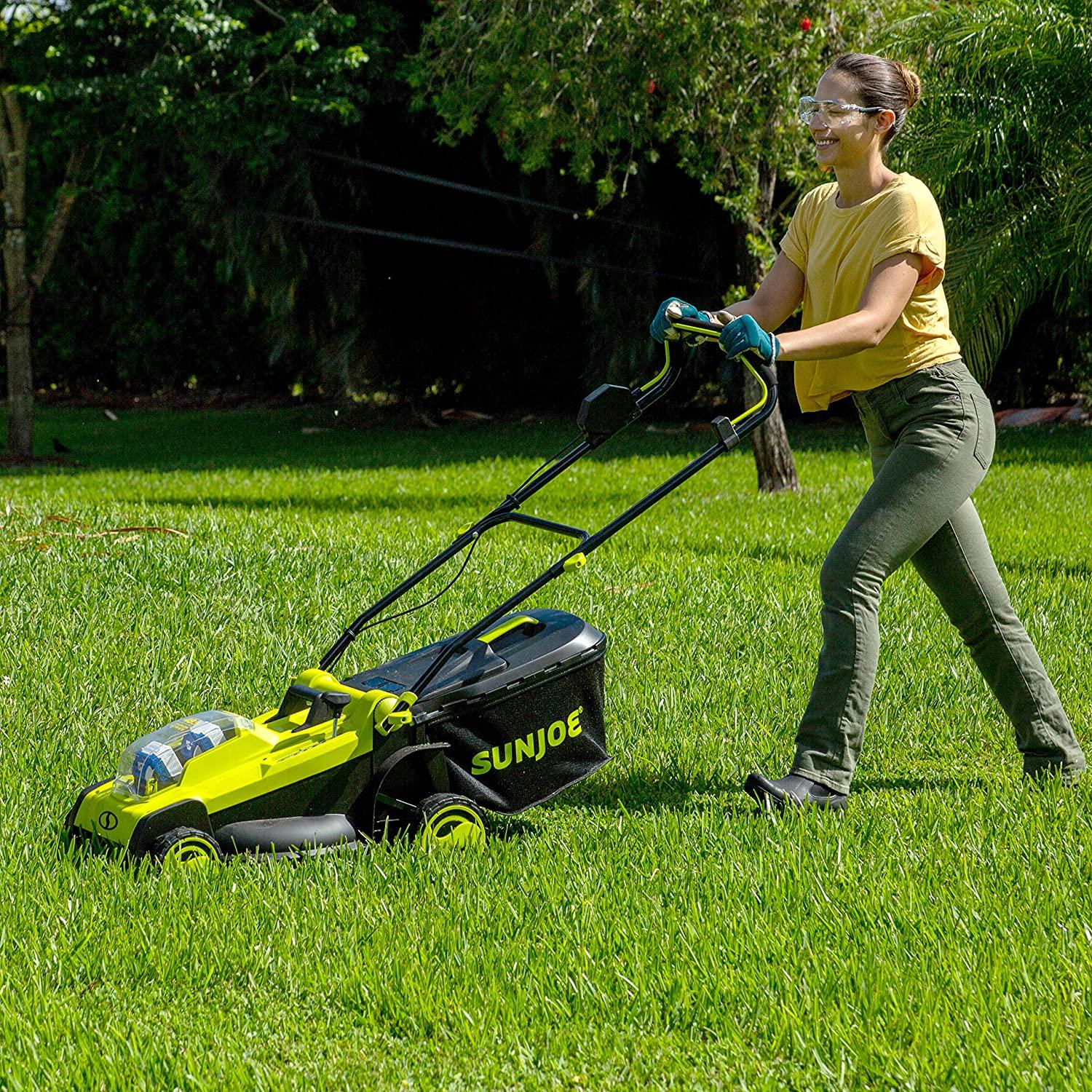 Sun Joe 24V-X2-17LM 48-Volt 17-Inch Mulching Walk-Behind Lawn Mower w/11-Gallon Grass Catcher & 6-Position Height Adjustment, Included, Cordless, Kit (w/ 2X 4.0-Ah Battery and Charger)