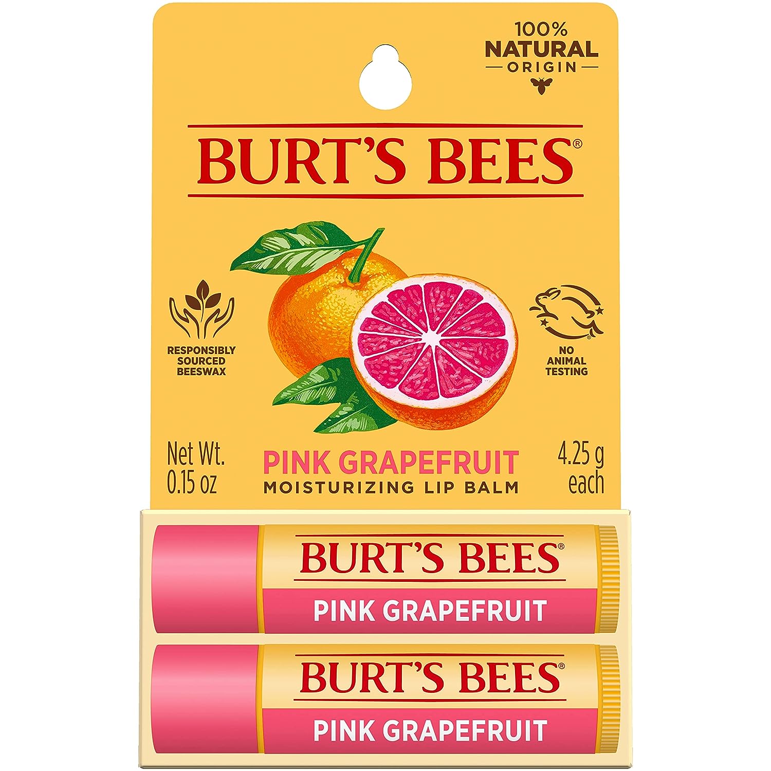 Burt's Bees Lip Balm, Moisturizing Lip Care, for All Day Hydration, 100% Natural, Pink Grapefruit with Beeswax &amp; Fruit Extracts (2 Pack)