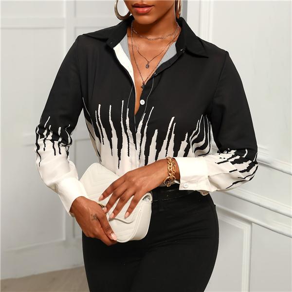Temperament lapel retro print long-sleeved shirt