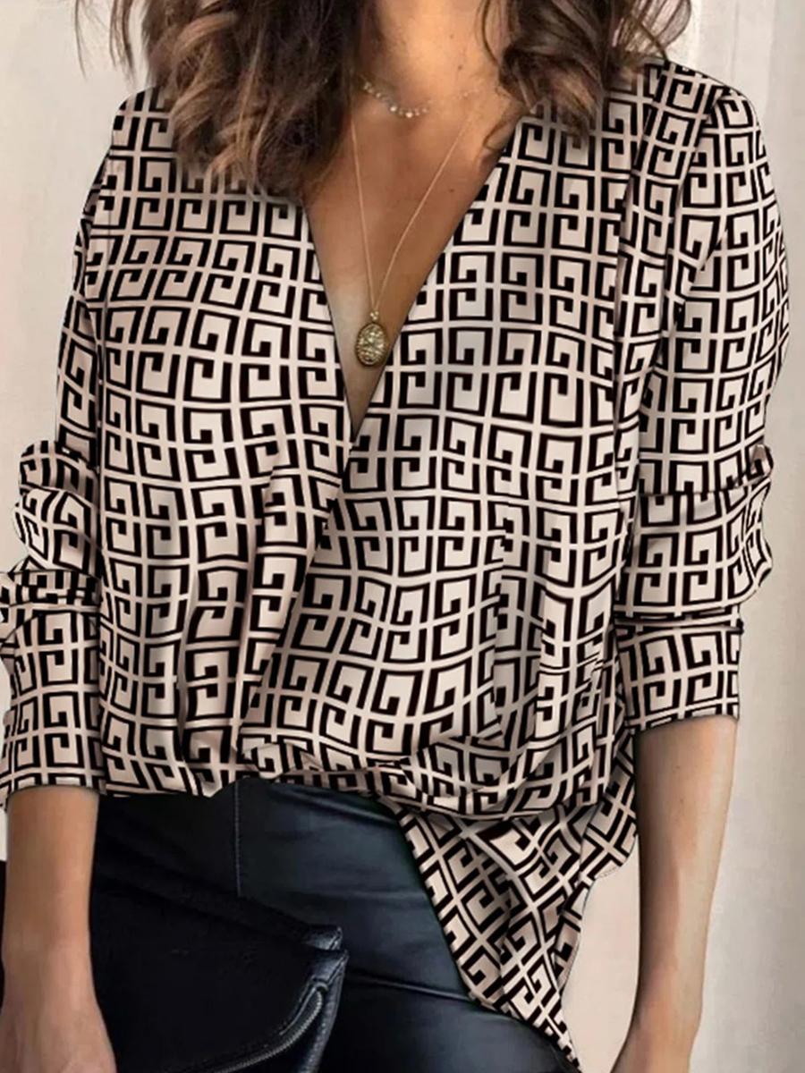 V-neck Retro Geometric Print Casual Long-sleeved Shirt