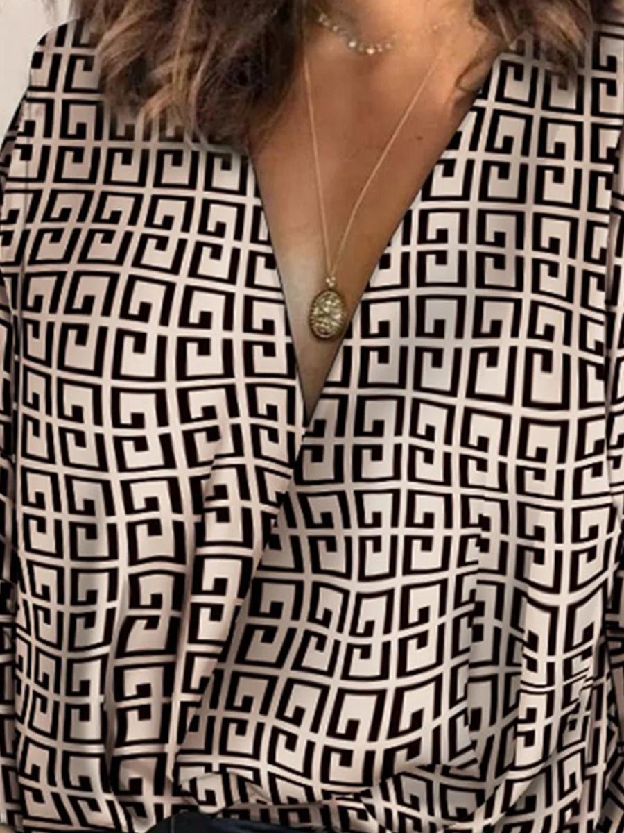 V-neck Retro Geometric Print Casual Long-sleeved Shirt