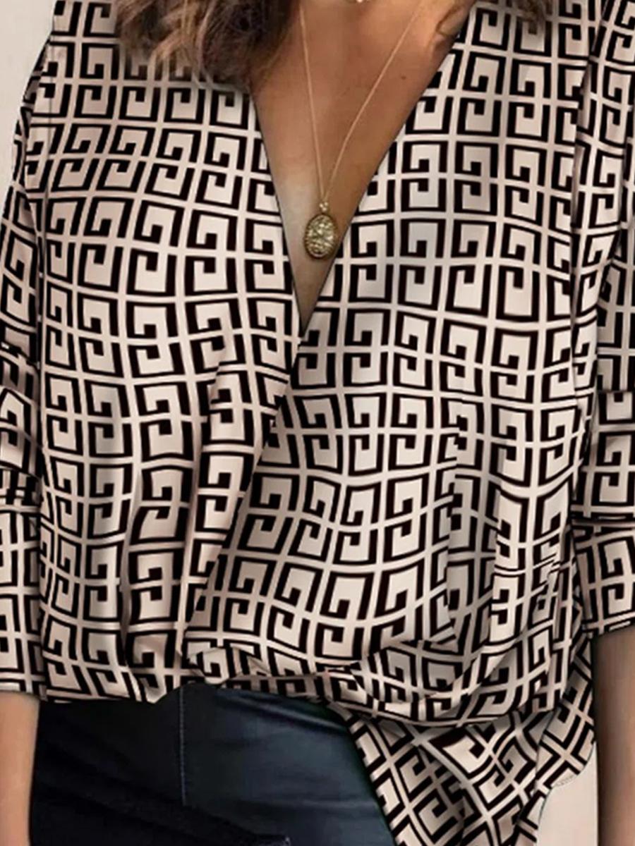 V-neck Retro Geometric Print Casual Long-sleeved Shirt