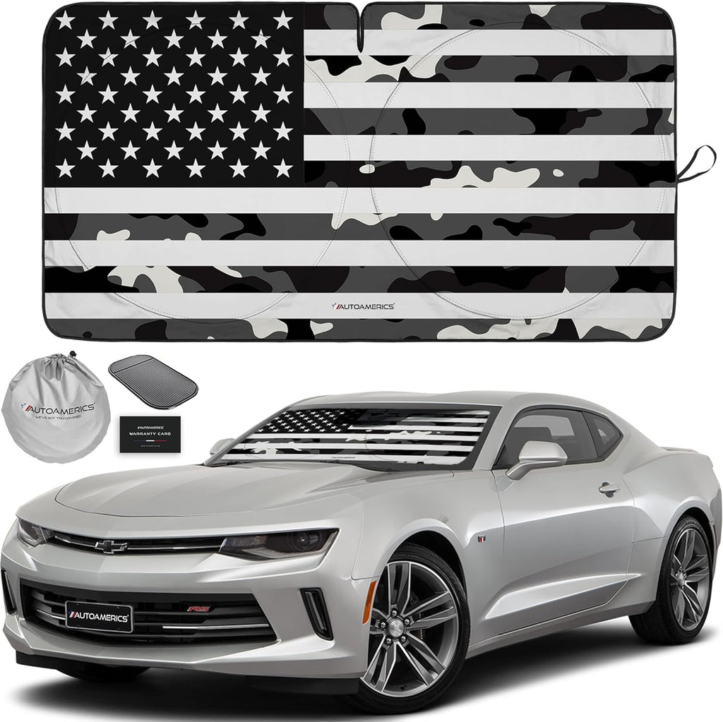 Autoamerics 1-Piece Windshield Sun Shade B&amp;W Camo American Flag USA  - Foldable Car Front Window Sunshade for Most Sedans SUV Truck - Blocks Max UV Rays and Keeps Your Vehicle Cool - Small